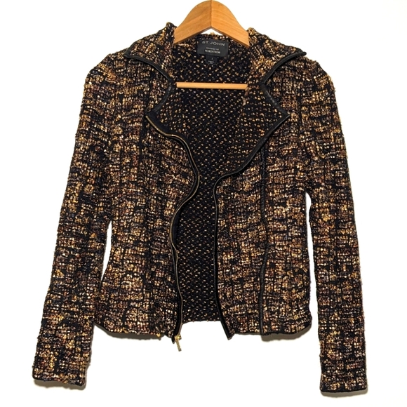 St. John Leather Trim Ribbon Wool Blend Knit Jacket Moto Gold Side Zip Size 2 - Picture 5 of 13